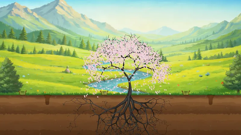 Apples Gone Wild Simulator 2025: a blossoming procedurally grown apple tree with visible roots
