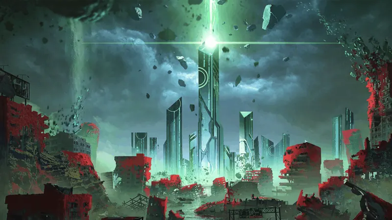 Genoverse environment art: a ruined neon city