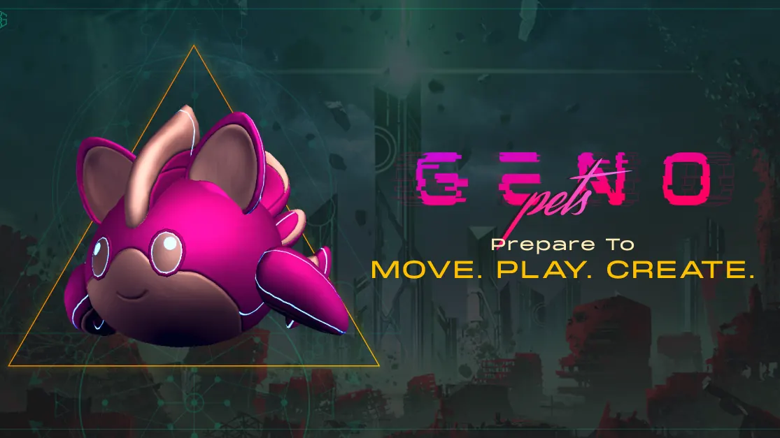 Genopets key art: a pink Genopet beside the Genopets logo and the line 'Prepare to Move. Play. Create.'