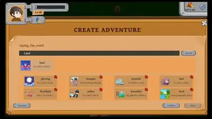 Create Adventure screen used by teachers